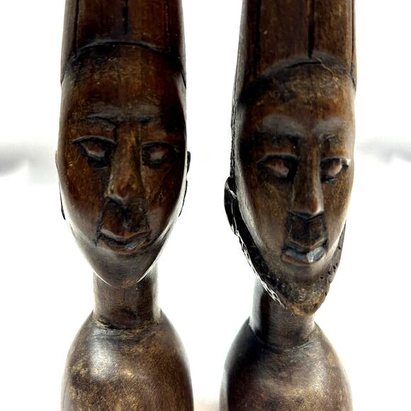 Set of 2 African bust Hand Carved man woman detailed Vintage beard 8.5? tall - Picture 5 of 8